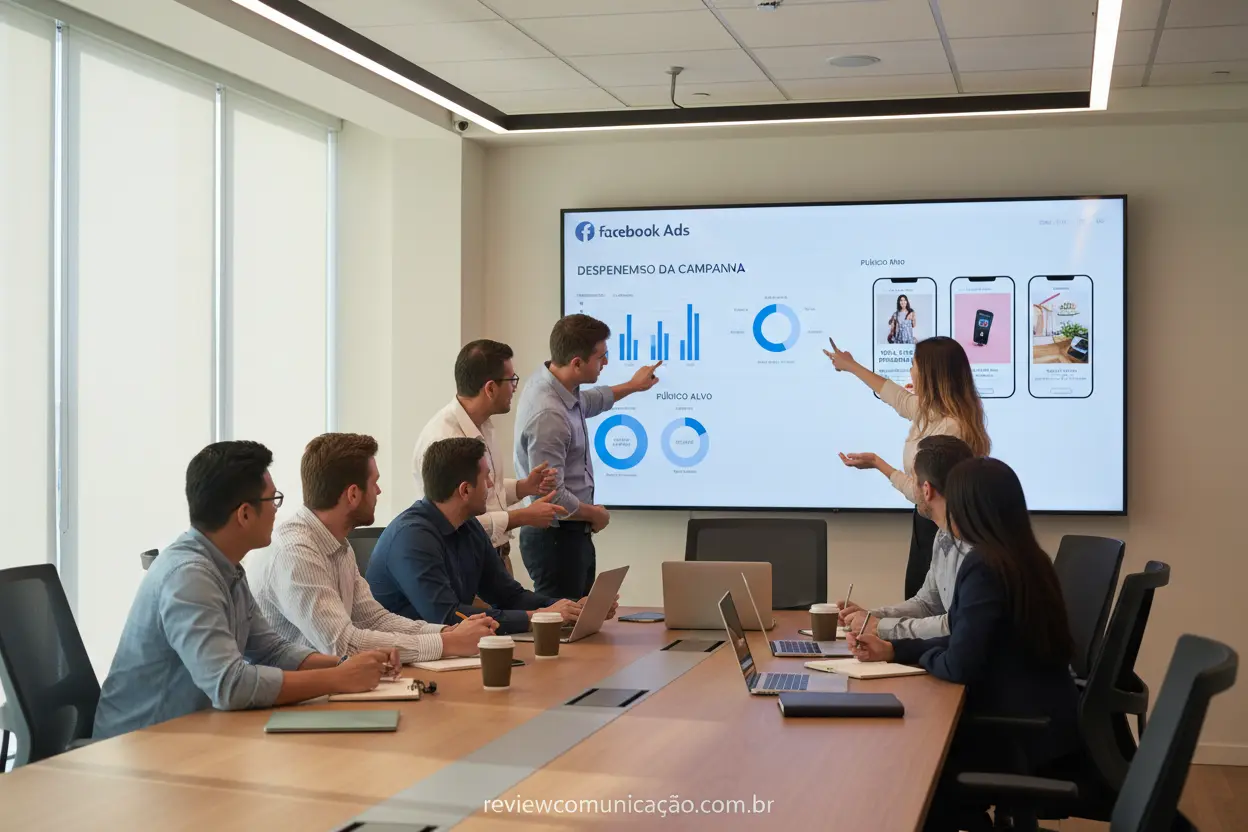 Profissionais analisando dados de criativos de Facebook Ads em tela grande.