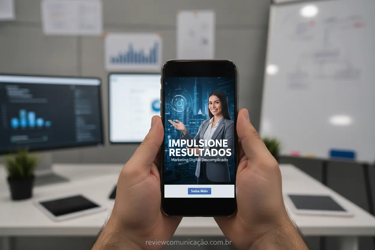Pessoa segurando celular com criativo de anúncio