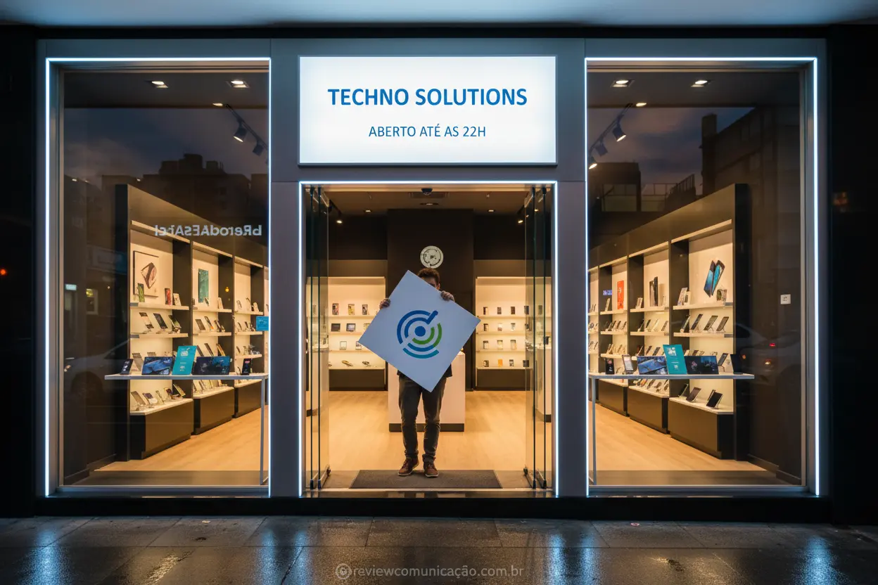 Fachada de loja com logotipo moderno e letreiro iluminado