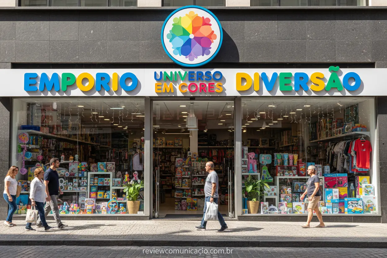 Fachada de loja de variedades com logotipo moderno e colorido.